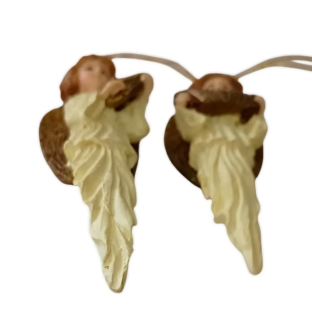 2 Angel Icicle Ornament Christmas Vintage 90s Resin Teardrop Holiday Ivory Gold.
